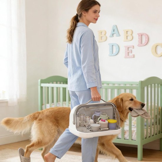 Opbergrek Babyflessen - Drogen Organizer - Hygiënisch Drogen - Stofvrij Deksel - 29x28x29 cm - Crèmekleurig — afbeelding 3