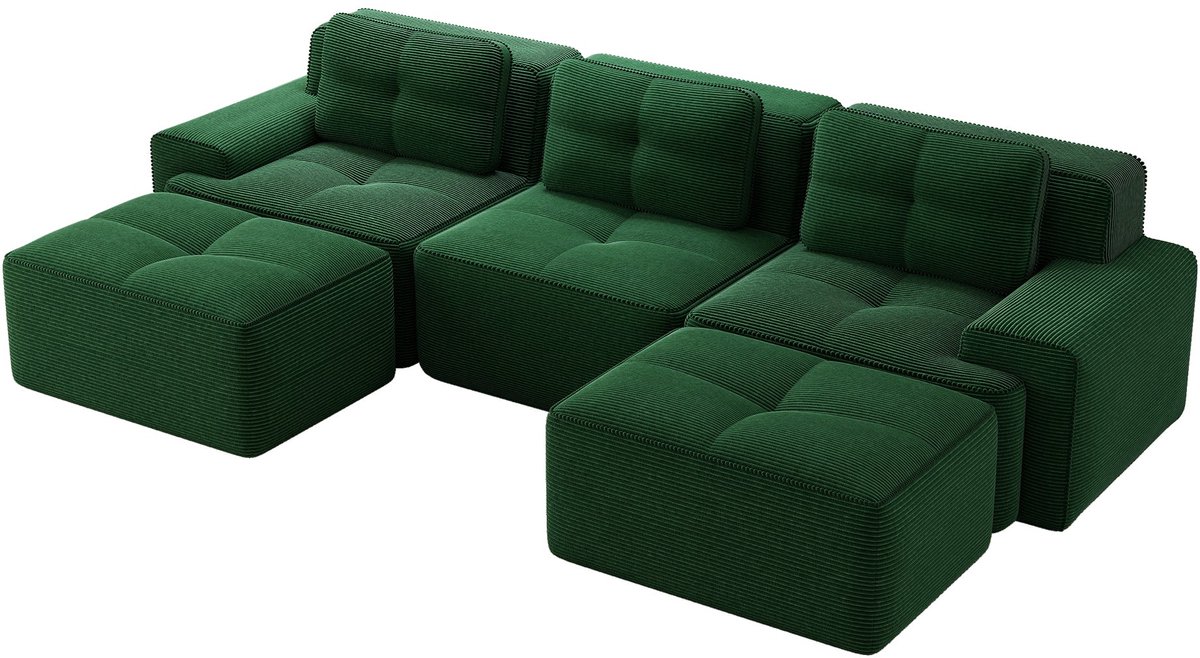 Merax U-Vormige Cloudbank 3-Zits - Groene Ribstof Loungebank 293 cm - Modulaire Bank met Hocker - Diepe Zitting - Antislip Onderzijde - Geen Montage Nodig