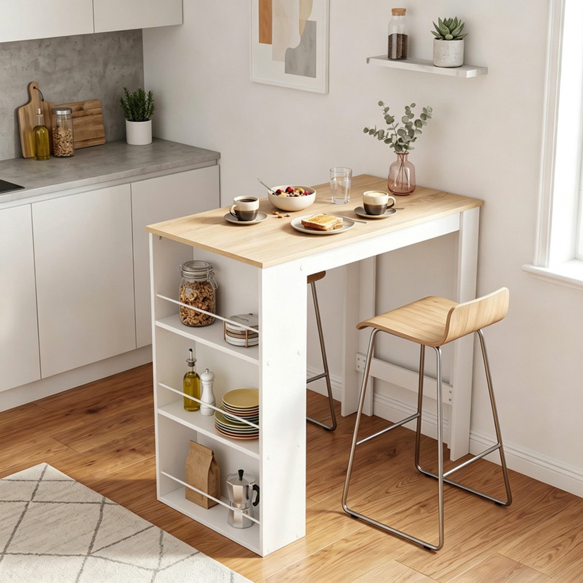 EGGREE Keukeneiland / Bartafel met 3 opbergplanken - Hoge tafel voor eetkamer - woonkamer en keuken - 112 × 57 × 106 cm - Wit + Licht eiken