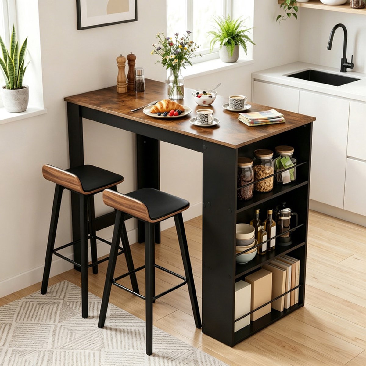 EGGREE Keukentafel / Bartafel met 3 opbergplanken - Hoge keukentafel -Hoge eettafel - 112 × 57 × 106 cm - Zwart + Eiken