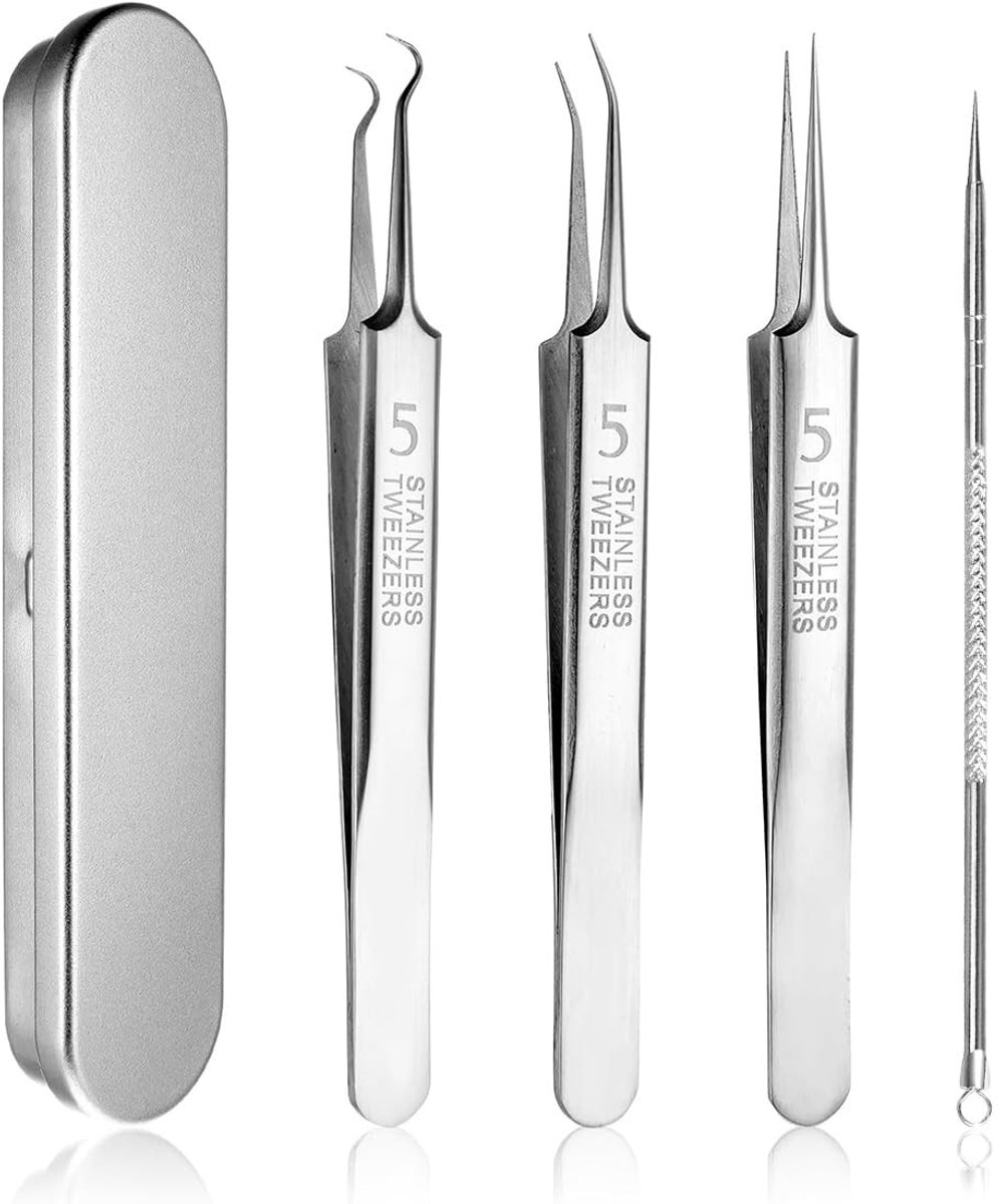 Dailygoods- Puistjespincet 4 Stuks - Mee-eterverwijderaar - Comedonenknijper - Roestvrij Staal - Antislip Handgrepen - Professionele Huidverzorging - Comedonenpincet