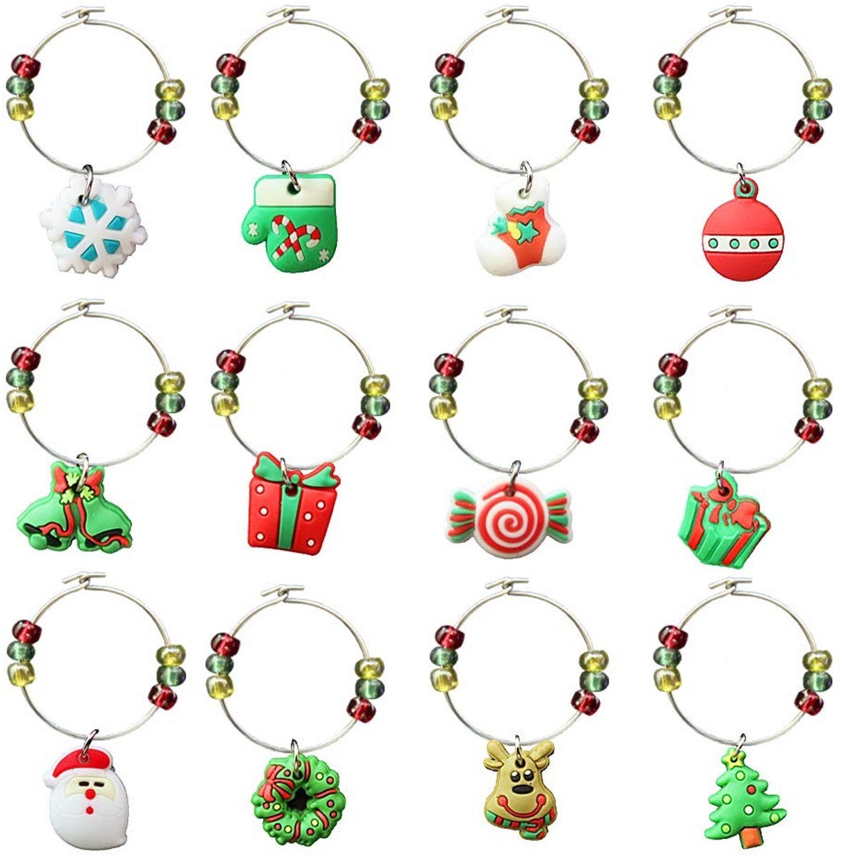 Dailygoods- Wijnglas Charms 12 Stuks - PVC Kerst Thema - Drink Markers - Wijn/Cocktail/Champagne - Decoratie - Herkenning - Wijnmarkers