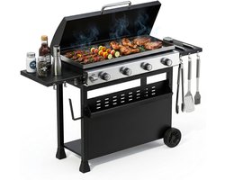 Gasbarbecue met 4 branders en een vermogen van 32.000 BTU – barbecuewagen met een vlakke bakplaat van 3086 cm² – draagbare barbecue die zowel vrijstaand als op tafel kan worden gebruikt – weerbestendige kap – roestvrijstalen branders