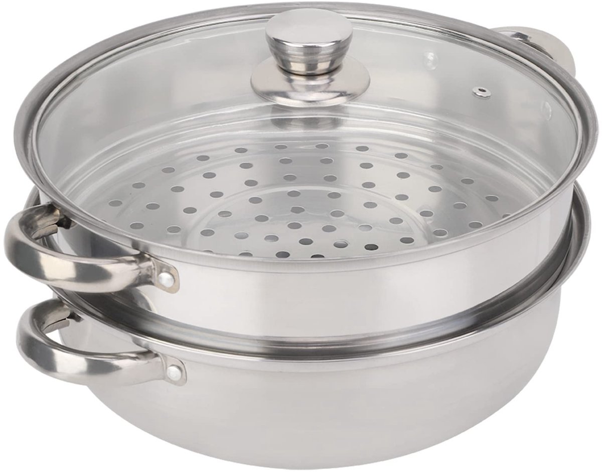 Dailygoods- Stoompan 2-laags 27cm - Roestvrij Stalen Pan - Voedselstoompan - Ergonomische Handgreep - Hoogwaardig Glazen Deksel - Elegant Ontwerp - Stoomkoker