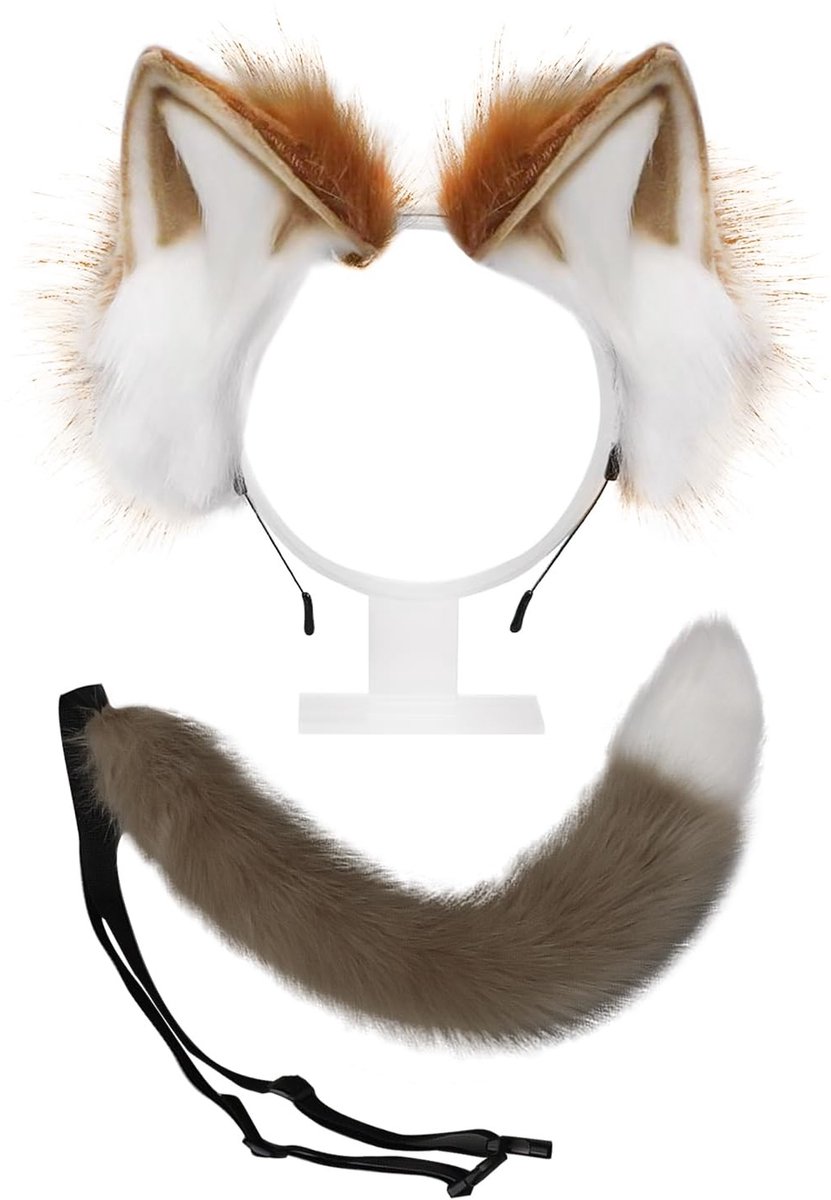 Dailygoods- Kattenkostuumset - Hoofdband met Kattenoren - Pluche Staart - Kostuumaccessoires - Bruin/Wit - 10 cm Grootte - Kattenkostuum