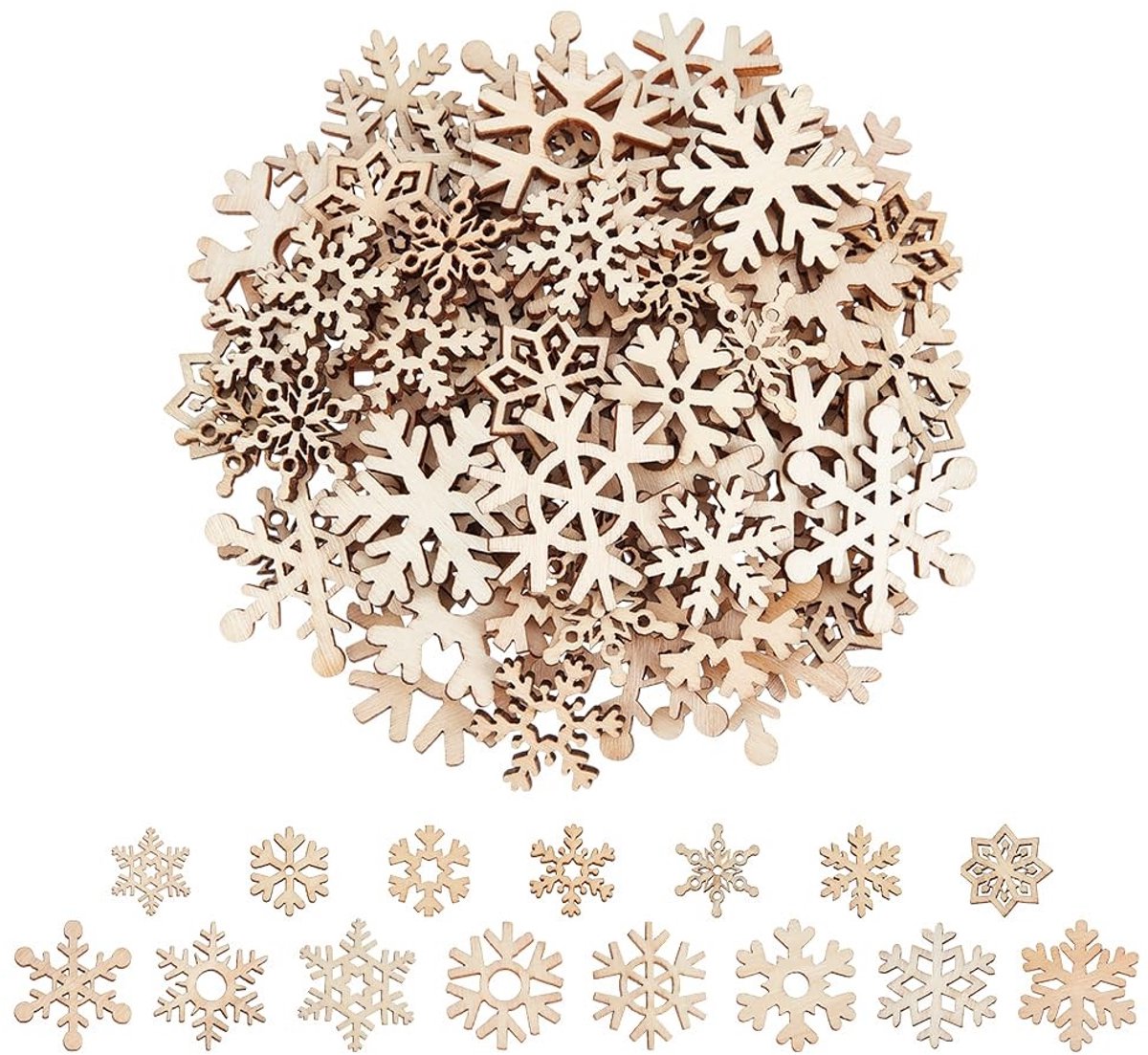 Dailygoods- Kerstsneeuwvlokken 200 stuks - Houten Plakjes - Ambachtelijke Decoraties - Doe-het-zelf Projecten - Vakantiedecoraties - Stevig en Lichtgewicht - Decoratie