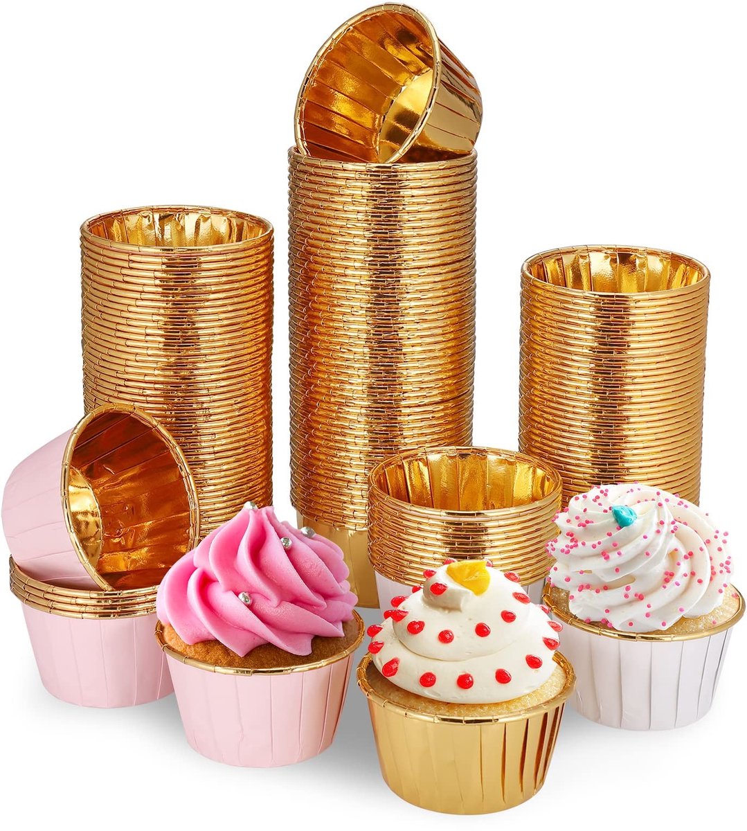 Dailygoods- Cupcakevormpjes 150 stuks - Vetvrije Taartvormpjes - Mini Muffinhoesjes - Gouden/Roze/Witte Bakbekers - 68/50 mm - Waterdicht/Oliebestendig - Bakvormpjes