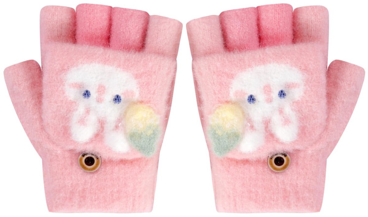 Dailygoods- Vingerloze Handschoenen - Kinderwinterhandschoenen - Zacht Gebreid Materiaal - Konijnenmotief - Geschikt voor Wintersport - Maat 16 cm - Handwasbaar - Winterhandschoenen