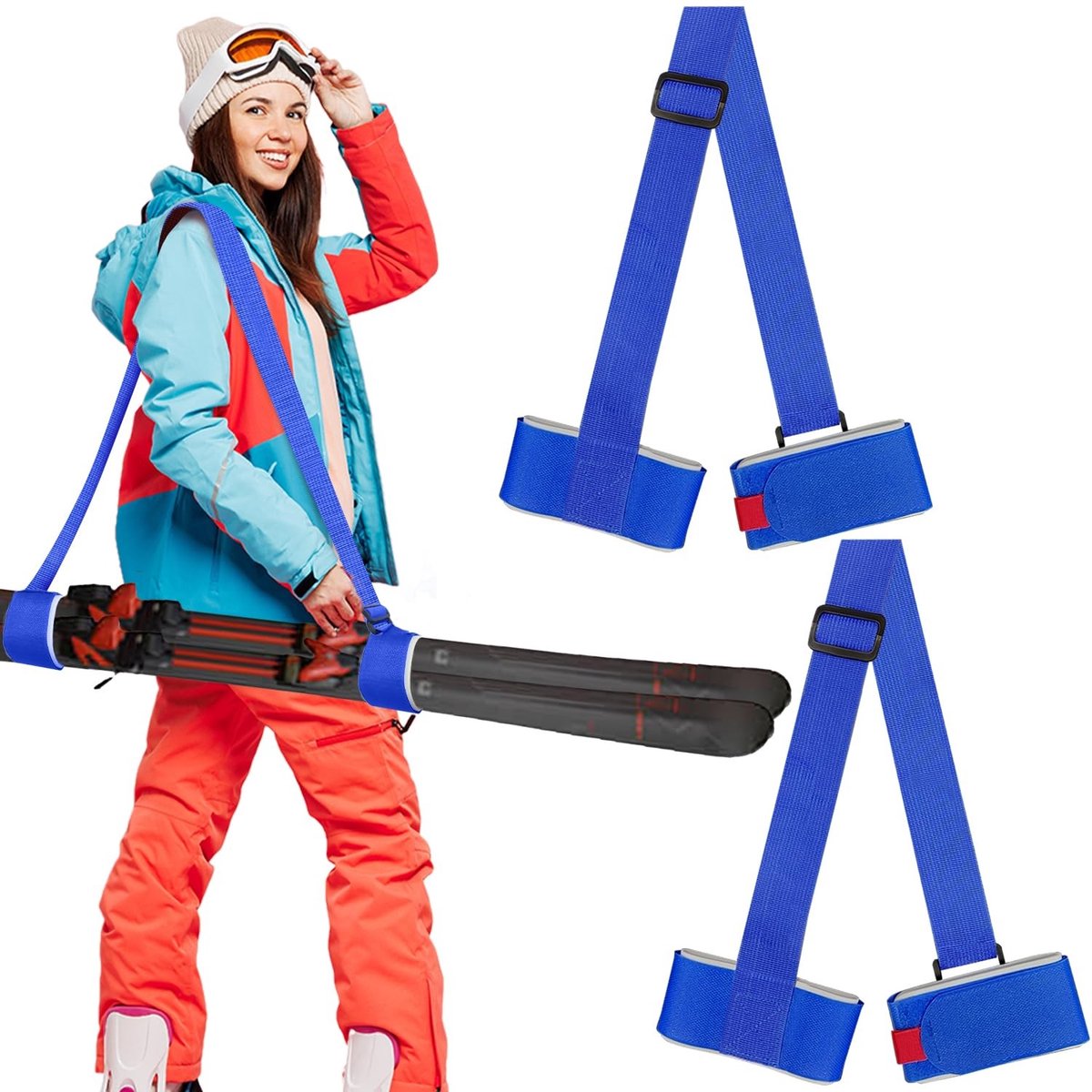 Dailygoods- Skiriemen Verstelbaar - Ski/Skistok Bevestiging - Wintersport Uitrusting - Duurzaam Nylon - 2 Paar - Blauw - Skibandjes