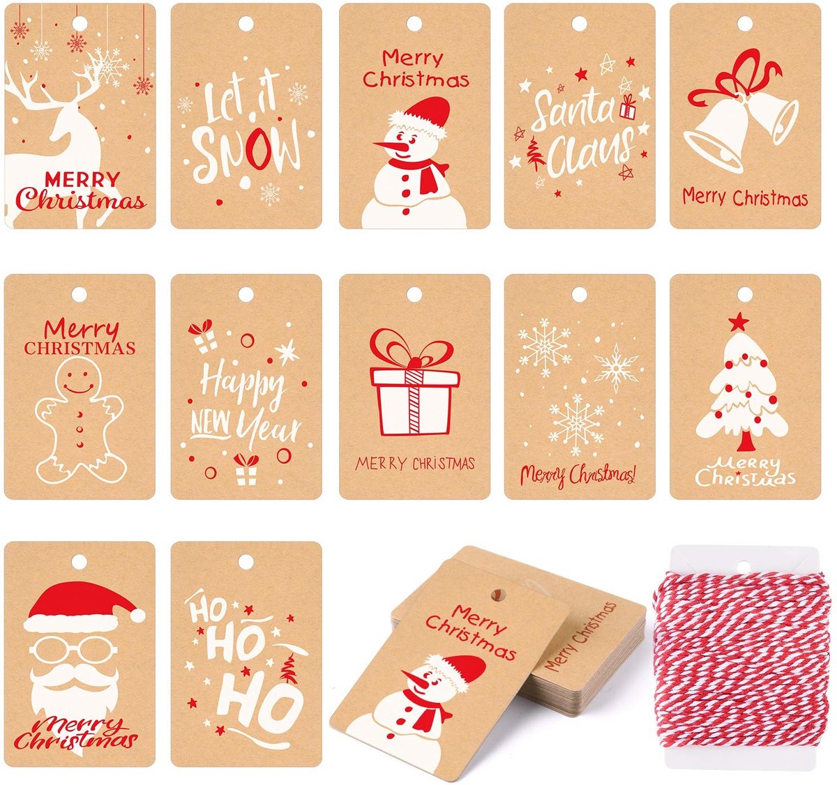 Dailygoods- Tags 120 Stuks - Kraftpapier Labels - Hangend Touw 20 Meter - Kerstpatronen - Cadeauverpakking - Doe-het-zelf Knutselproject - Label