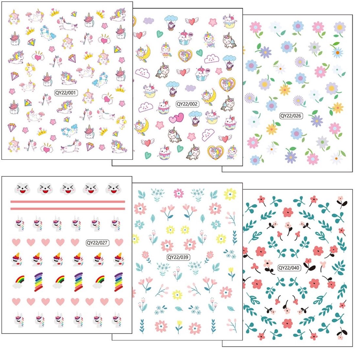 Dailygoods- Nagelstickers voor Kinderen - 6 Vellen - Schattige Eenhoorn - Bloemen - Zelfklevend - Decoratie - Nageldesign - Nageldecoratie