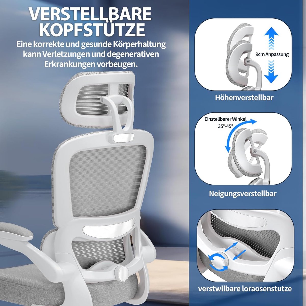 Bureaustoel Ergonomisch Grijs – House&Garden ErgoFlex Pro met Verstelbare Hoofdsteun en Lendensteun – Ergonomische Kantoorstoel – Gaming Stoel – Mesh Bureaustoel – Draaistoel voor Thuiswerkplek en Kantoor – Belastbaar tot 150 kg