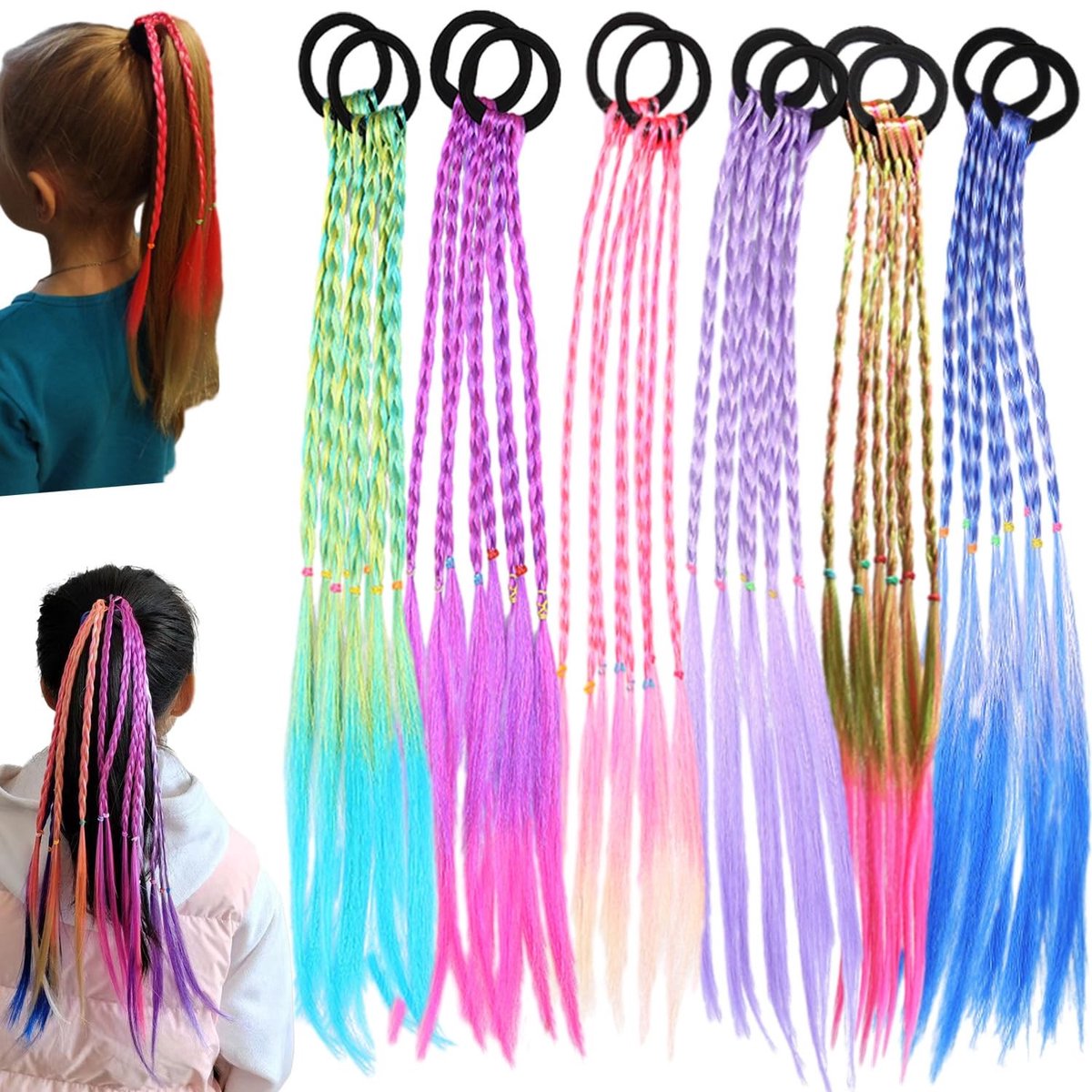 Dailygoods- Haarstrengen 12 Stuks - Kleurrijk Gevlochten Haar - Haarstukjes - Twist-Braids - Elastische Band - Kleurverloop voor Feest/Festival - Haarextensies