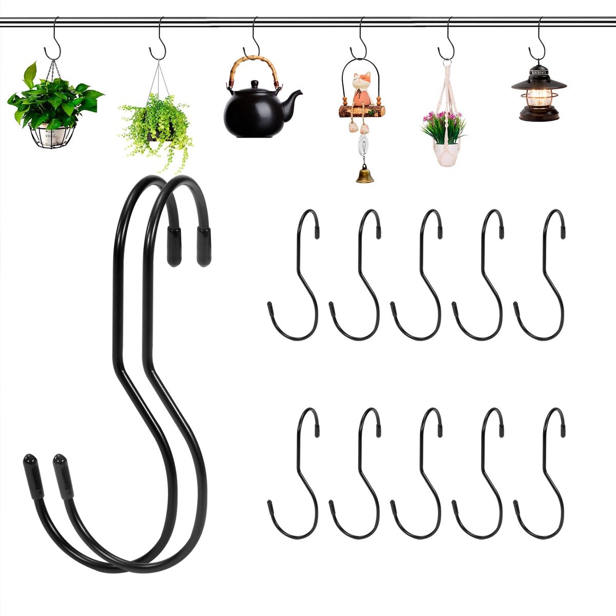 Dailygoods- S-haken 12 Stuks - Zwarte Metalen Haken - Ophanghaken - Haken voor Handtassen/Kleding - Planten/Potten/Pannen - Hulp in Keuken/Tuin - Haakjes