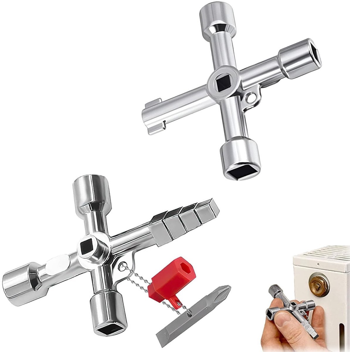 Dailygoods- Vent Sleutel 4-in-1 Multifunctioneel - Radiator Sleutel - Universele Beugel - Constructie Sleutel Set - Duurzaam - Hoogwaardige Zinklegering - Verwarmingssleutel