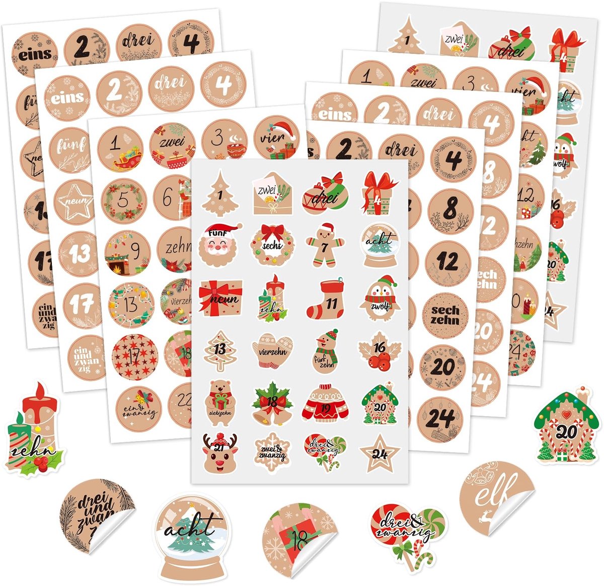 Dailygoods- Adventskalender Stickers 8 x 24 Stuks - Zelfklevende Cijfers 1-24 - Kraftpapier Look - Unieke Stickers - Voor DIY Adventskalender - Kerststickers