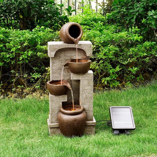 Fontaine d'eau de jardin extérieure pour la maison - Ornement d'eau - Énergie solaire - Conception de pot à 4 niveaux - Cascade - Décoration de jardin - Intérieur et extérieur - Avec pompe - 31 x 26,2 x 72,4 (cm)
