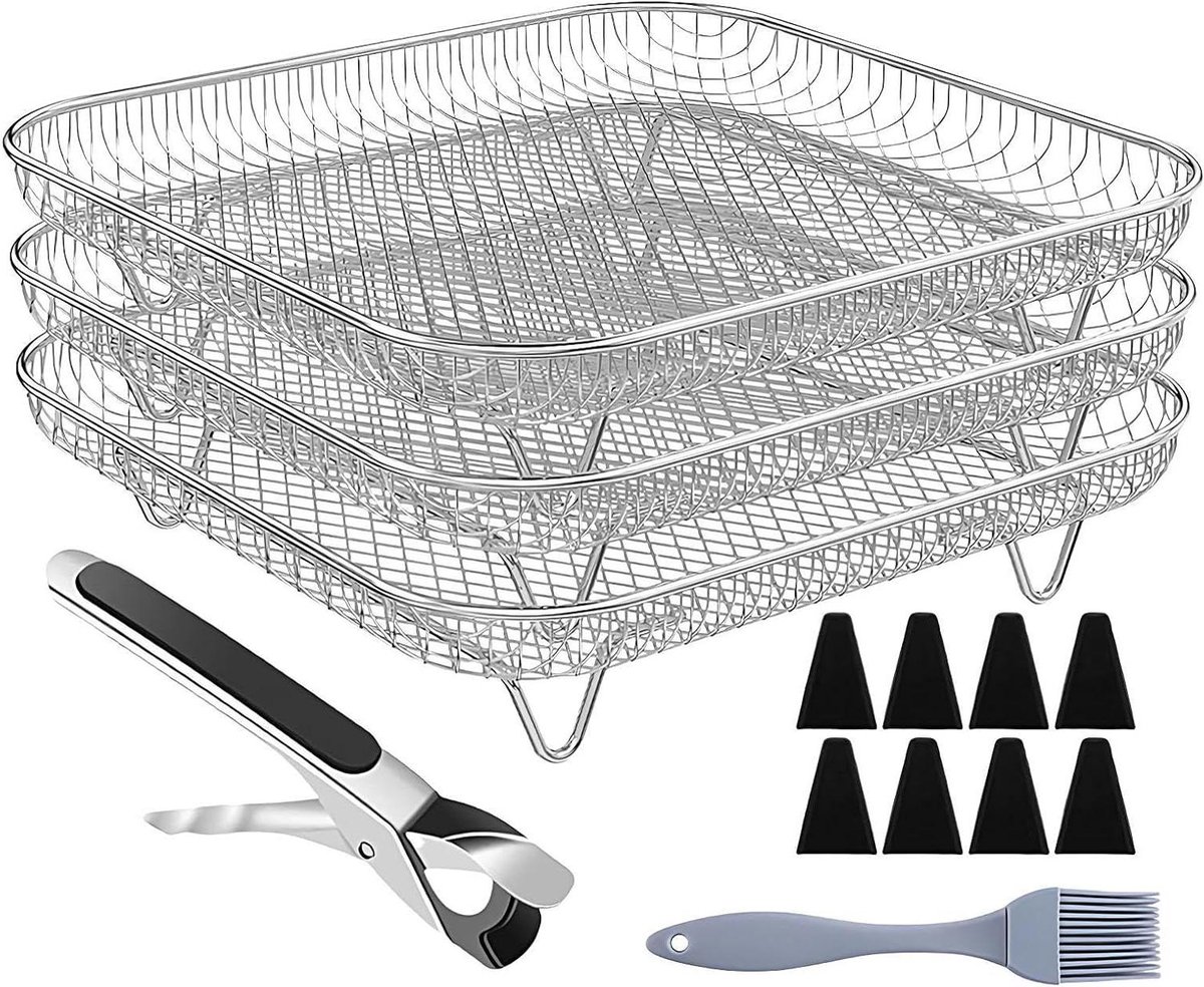 Air Fryer Basket 20cm Air Fryer Inserts Suitable for Oven Non-Stick Stainless Steel Square Drying Basket 13 Parts Stackable for Restaurant Kitchen Cooking Oven Baking and Fle