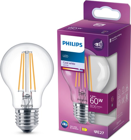 Philips LED lamp, 60W equivalent, helder, E27, 4000K Cool White.