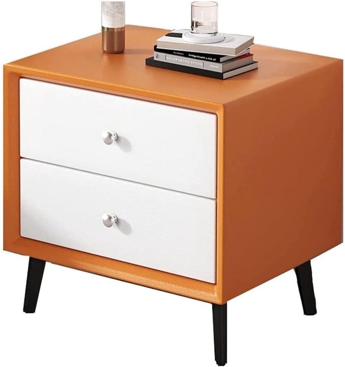 Nachtkastje Modern - Bijzettafel - Slaapkamer Opbergen - Massief Houten - 48x41x48CM - Wit Oranje