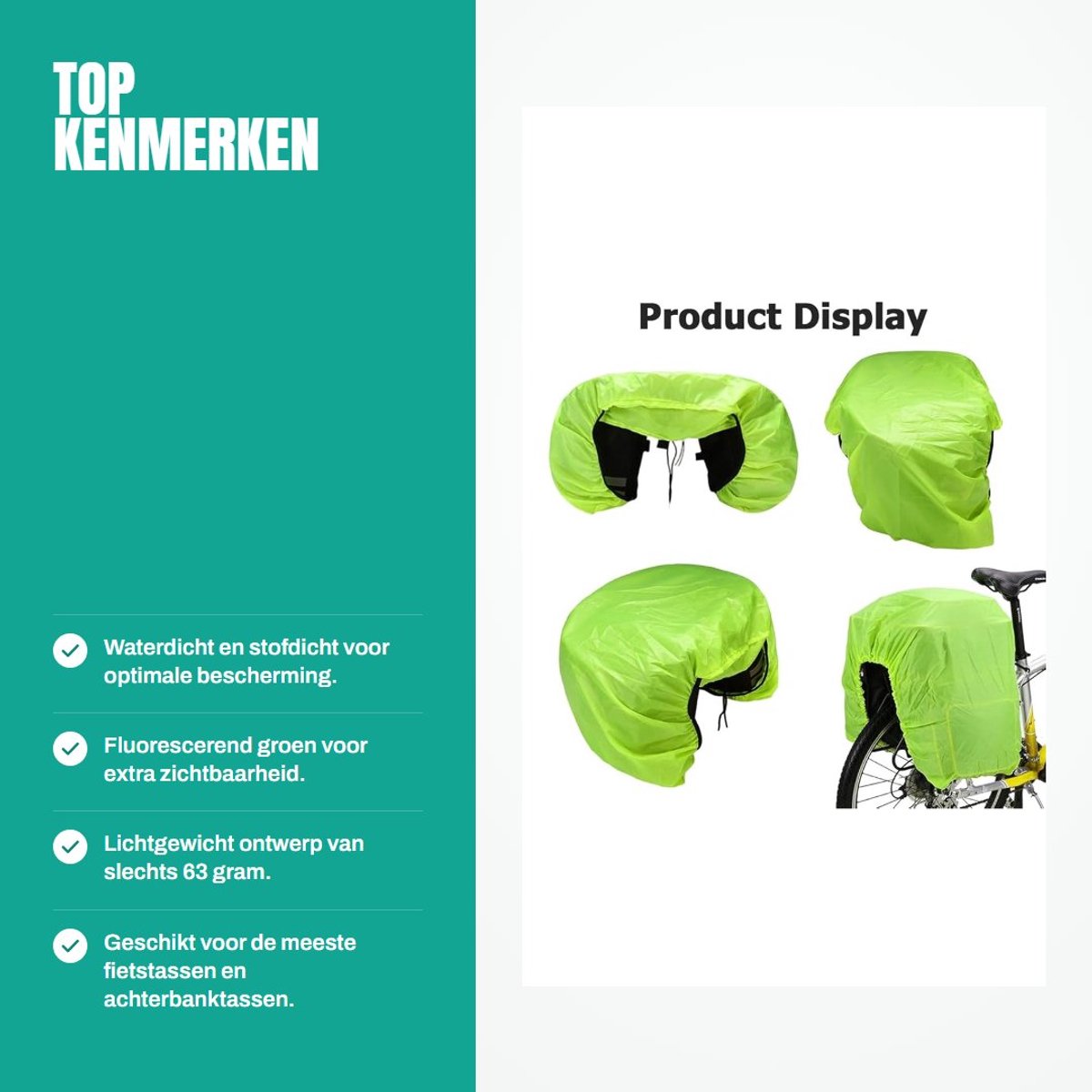 Dailygoods- Fietstas Waterdicht - Fiets Regenhoes - Opvouwbaar - Fluorescerend Groen - Lichtgewicht - 126cm x 66cm - Fietscover