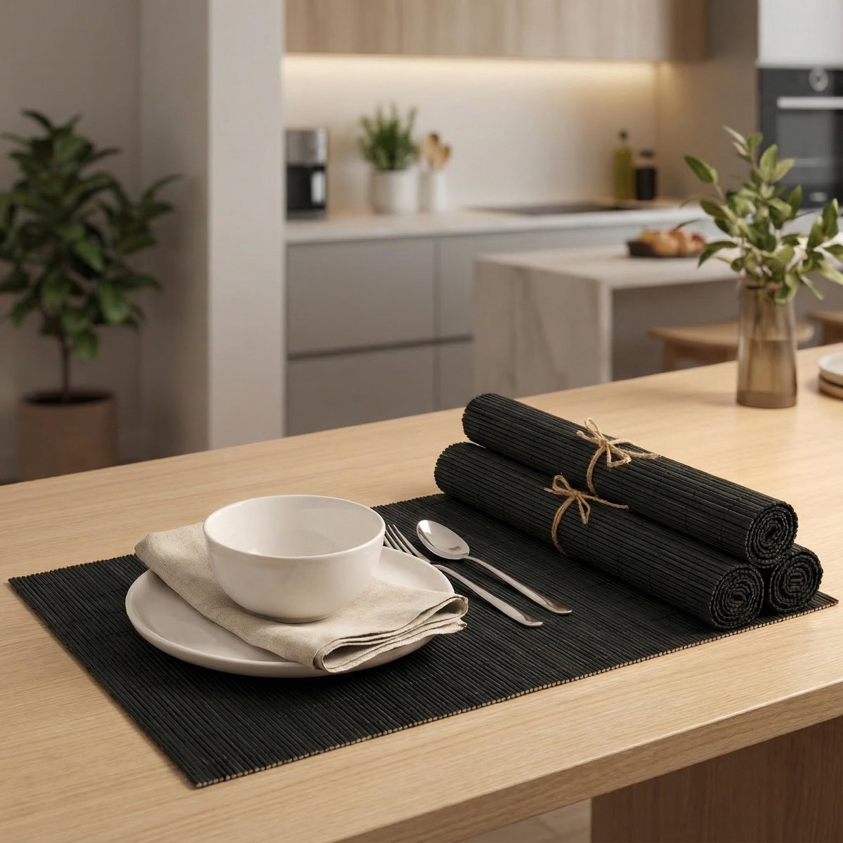 Set van 4 Oprolbare Bamboe Placemats 30x45 cm - Robuust en Onderhoudsvriendelijk