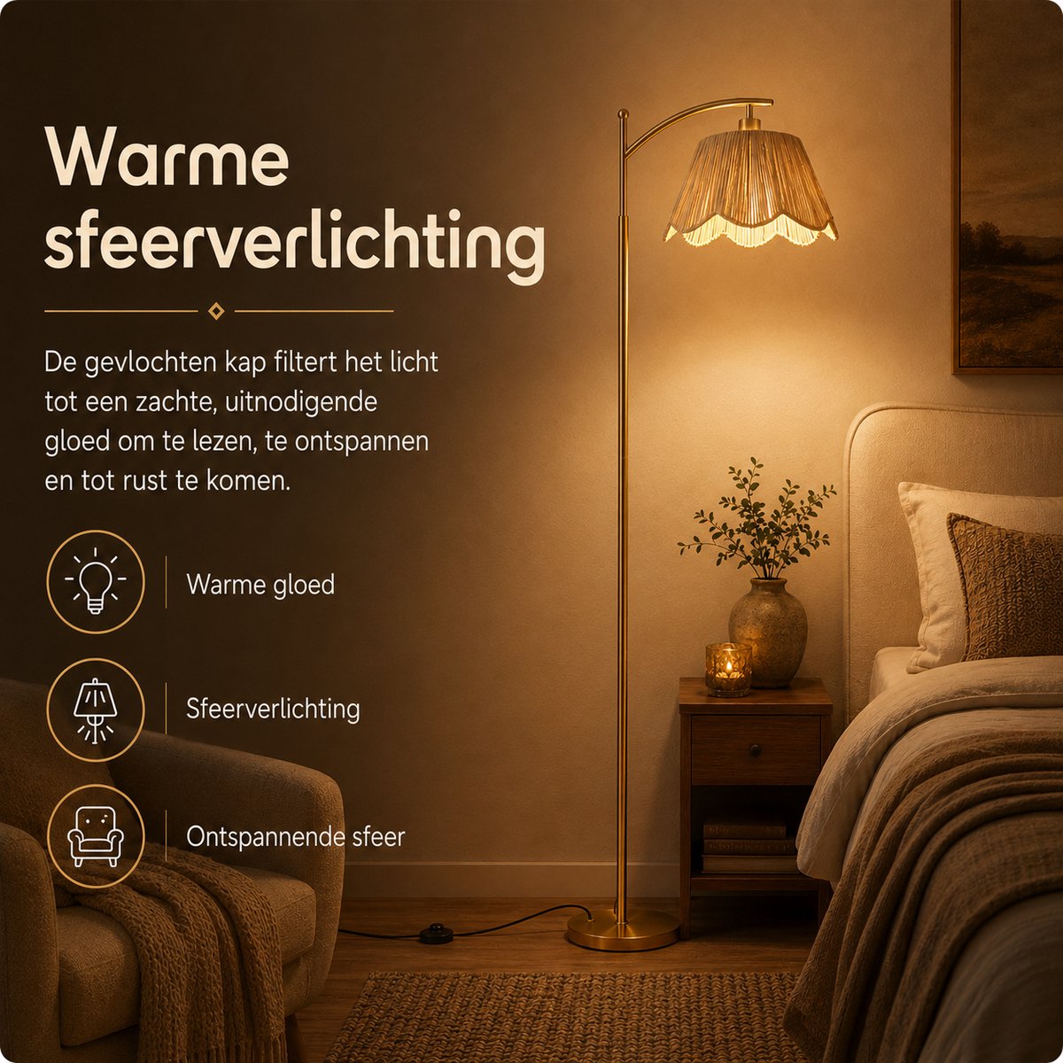 Rosnek Boho Vloerlamp Handgeweven - Rotan Look Staande Lamp met Afstandsbediening - Dimbaar 9W Slimme LED & Timer - Geheugenfunctie - Gevlochten Lampenkap - Voetschakelaar - Bohemian Japandi Interieur - voor Woonkamer Slaapkamer - Goud - 170 cm thumbnail 2
