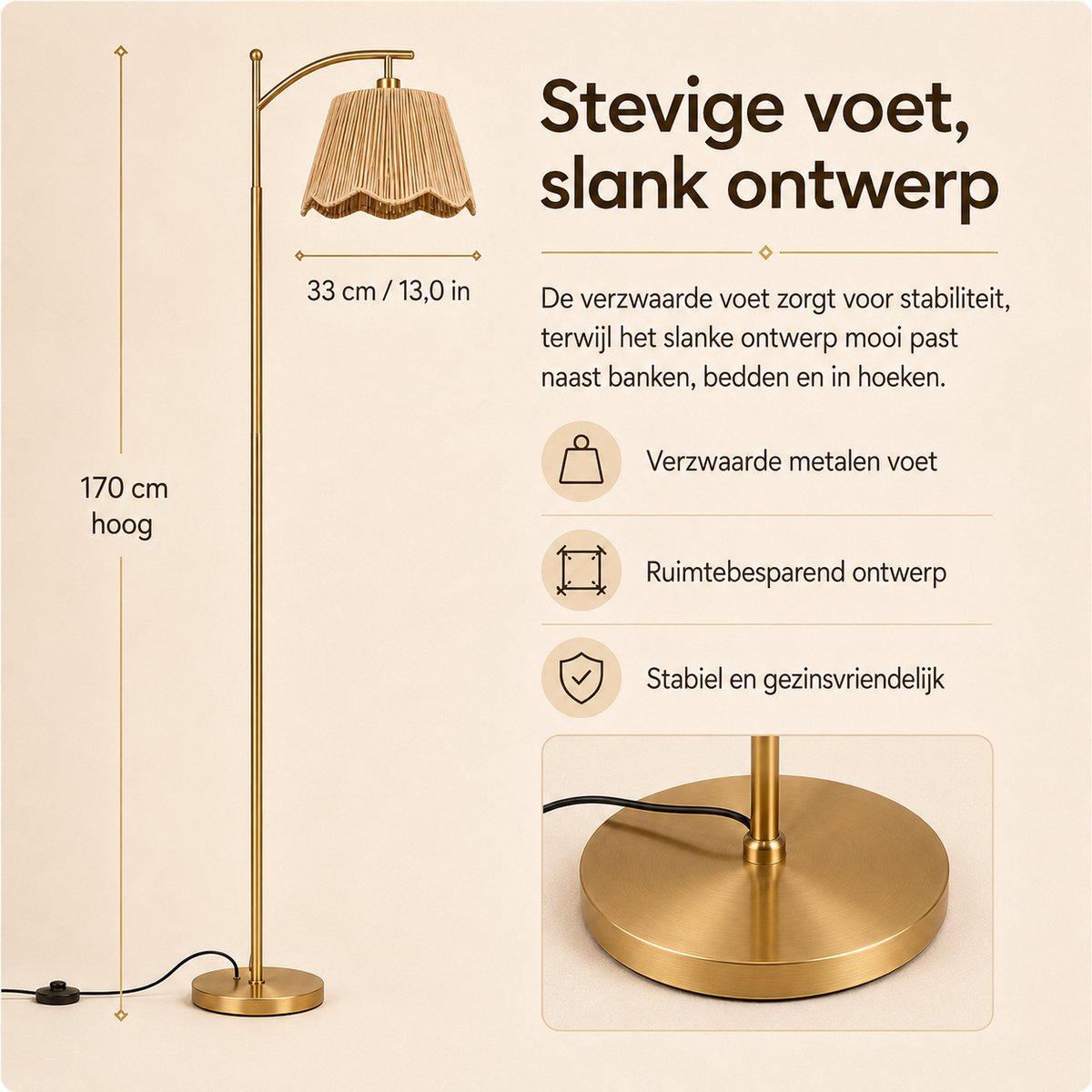 Rosnek Boho Vloerlamp Handgeweven - Rotan Look Staande Lamp met Afstandsbediening - Dimbaar 9W Slimme LED & Timer - Geheugenfunctie - Gevlochten Lampenkap - Voetschakelaar - Bohemian Japandi Interieur - voor Woonkamer Slaapkamer - Goud - 170 cm thumbnail 7