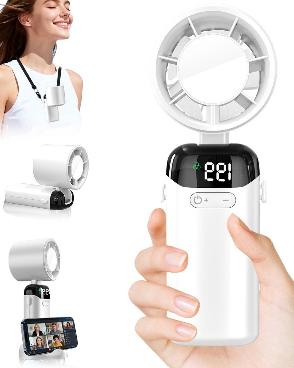 Draagbare Ventilator - Mini Koeler - Persoonlijke Koeling - 5 Snelheden Inclusief - 3500 mAh Batterij - Wit
