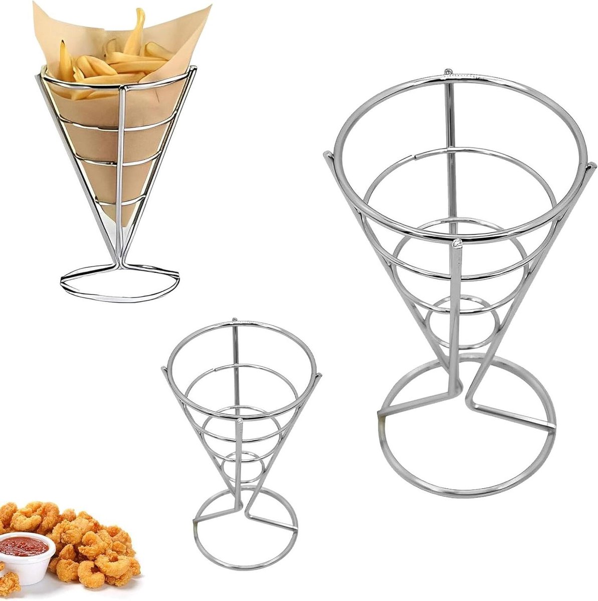 Friet Houlders - Snack Kegels - Snacks Serveren - Roestvrij Staal - 3 Stuks - Zilver