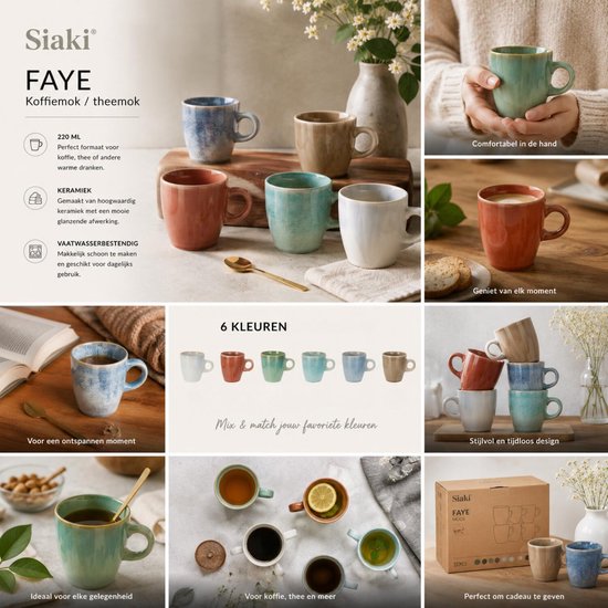 Collage met Siaki Faye mokken in 6 kleuren, inclusief een hand die een groene mok vasthoudt.