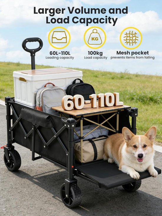 Opvouwbare Bolderkar - Stevige Transportkar - Strand en Camping - Uitschuifbare Achterklep - 110L Capaciteit - Donker van Opvouwbare Bolderkar — afbeelding 3