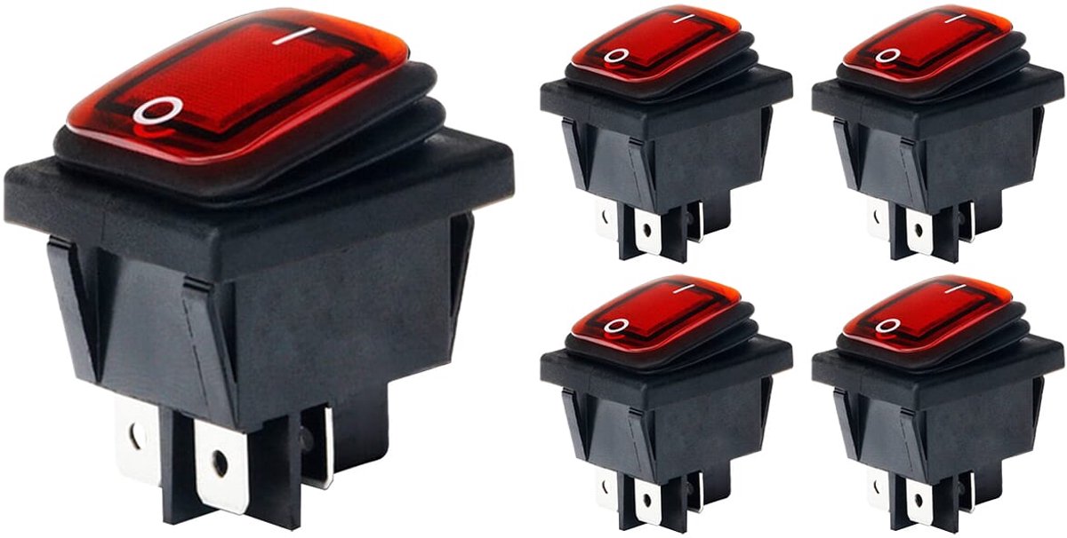 Orbit Electronic Wipschakelaar ON-OFF - 4-pins - 30x22mm - 16A 250V - Spat Waterdicht - KCD4-201-16 - Rood - 5 stuks