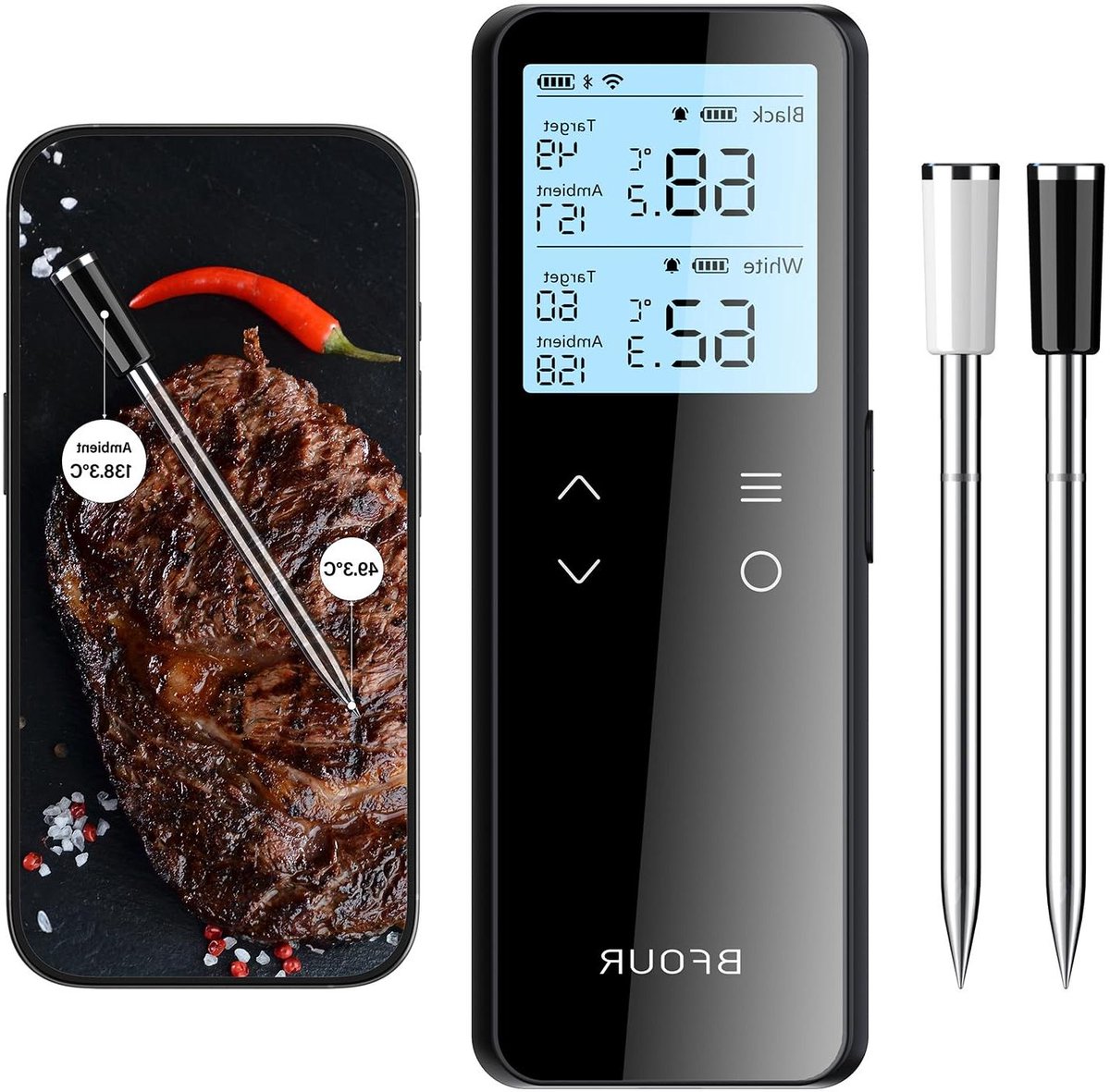Draadloze Vleesthermometer - Grillthermometer Dubbel - Perfect Garen - Wifi En Bluetooth - 150 Meter Bereik - Zwart