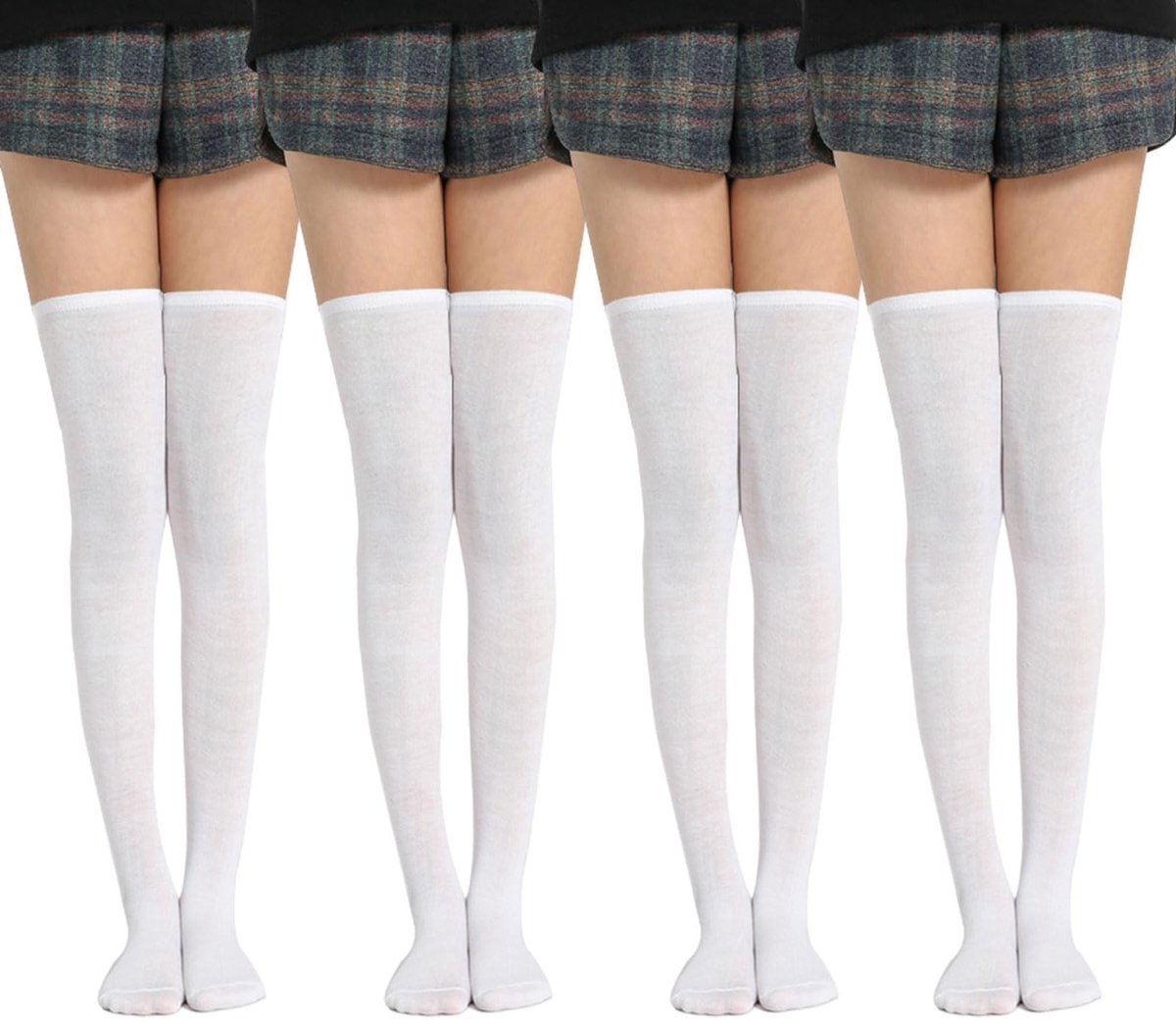 Dailygoods- Dijhoge Sokken 4 Paar - Effen Witte Kousen - Dames/Meisjes - Over de Knie - Comfortabel - Katoen/Polyester - Kniekousen