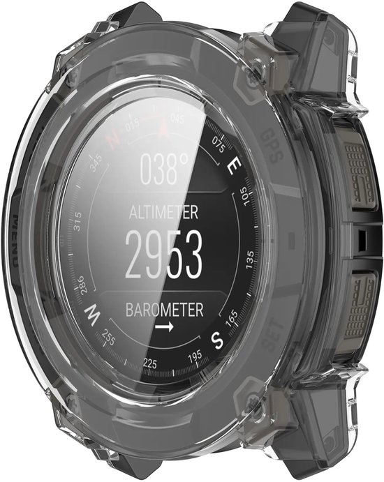 Zwarte smartwatch met transparante beschermhoes, scherm toont kompas, altimeter en barometer.