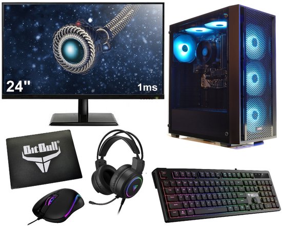 Gaming PC Ryzen 5 3600 6-Core RTX 3050 16GB RAM 1TB SSD 24″ 144Hz Monitor RGB Toetsenbord Muis