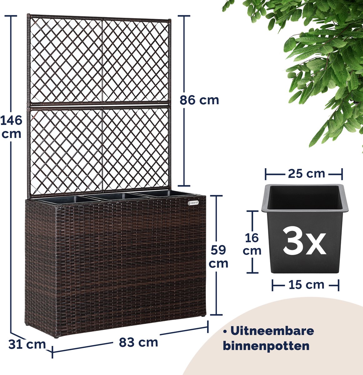 Casaria Polyrattan Plantenbak met Klimrek – 3 Bloembakken – 83x31x146 cm – Bruin — afbeelding 7