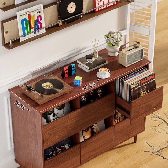 BROTTAR 47,2" platenspelermeubel bruin, vinylplatenkast voor 7"/10"/12" LP's, 6 opbergvakken, retro platenspelerkast voor woonkamer, muziekhoek en vinylverzameling — afbeelding 5