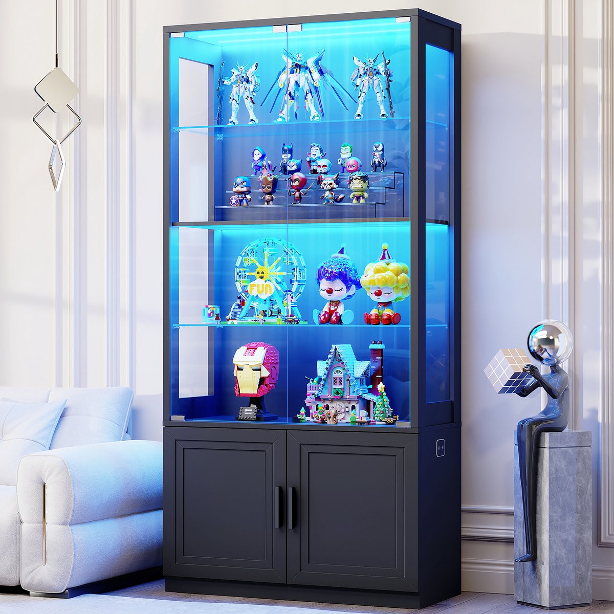 BROTTAR - Glazen vitrine met 4 niveaus - Glazen deuren - LED-verlichting met 3 kleuren - Verstelbare glazen planken - Bewegingssensor - Extra opbergruimte onderin