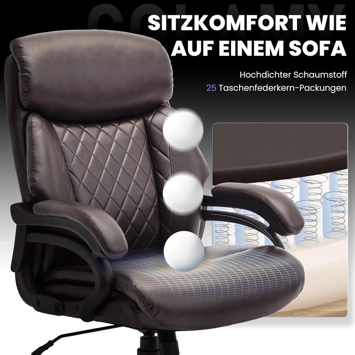 Bureaustoel XXL – House&Garden Premium Directiestoel 181 kg – Ergonomische Hoge Rugleuning met Verstelbare Armleuningen – Extra Brede 59 cm Zitting – PU Leder Chefsessel voor Kantoor & Home Office – Bruin