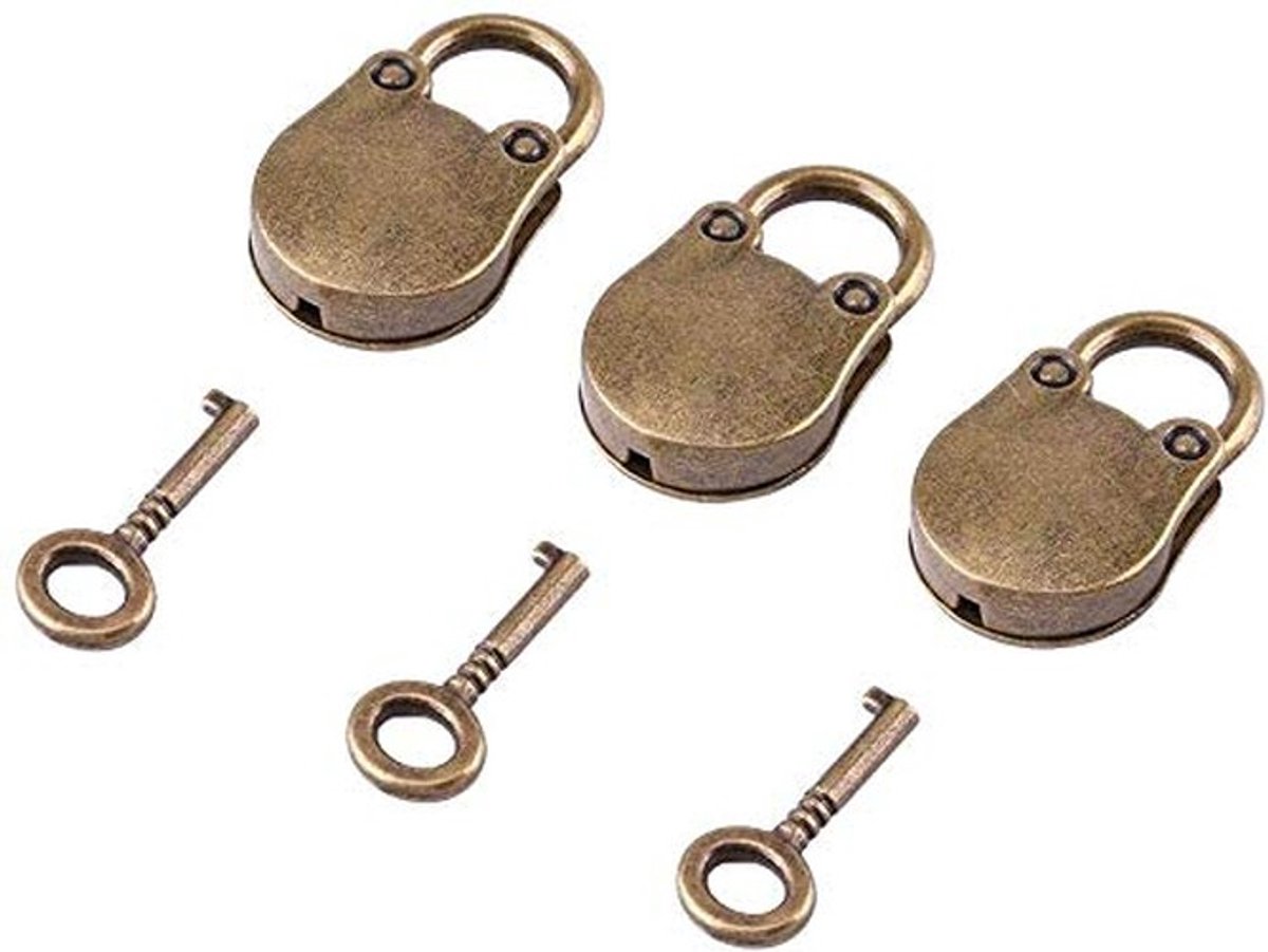 Dailygoods- Hangslot Set van 3 - Mini Hangsloten - Antiek Stijl - Zinklegering - Sleutels - Decoratie voor Bagage en Opbergbakken - Slot