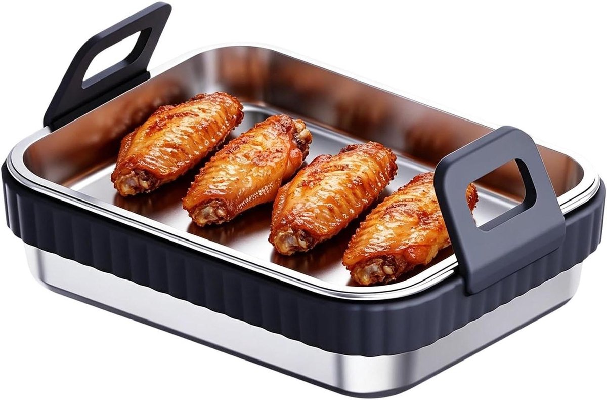 Airfryer Bakplaat - Grillrek Keuken - Maaltijd Bereiden - Met Siliconen Handgreep - 19.5 cm - Zwart