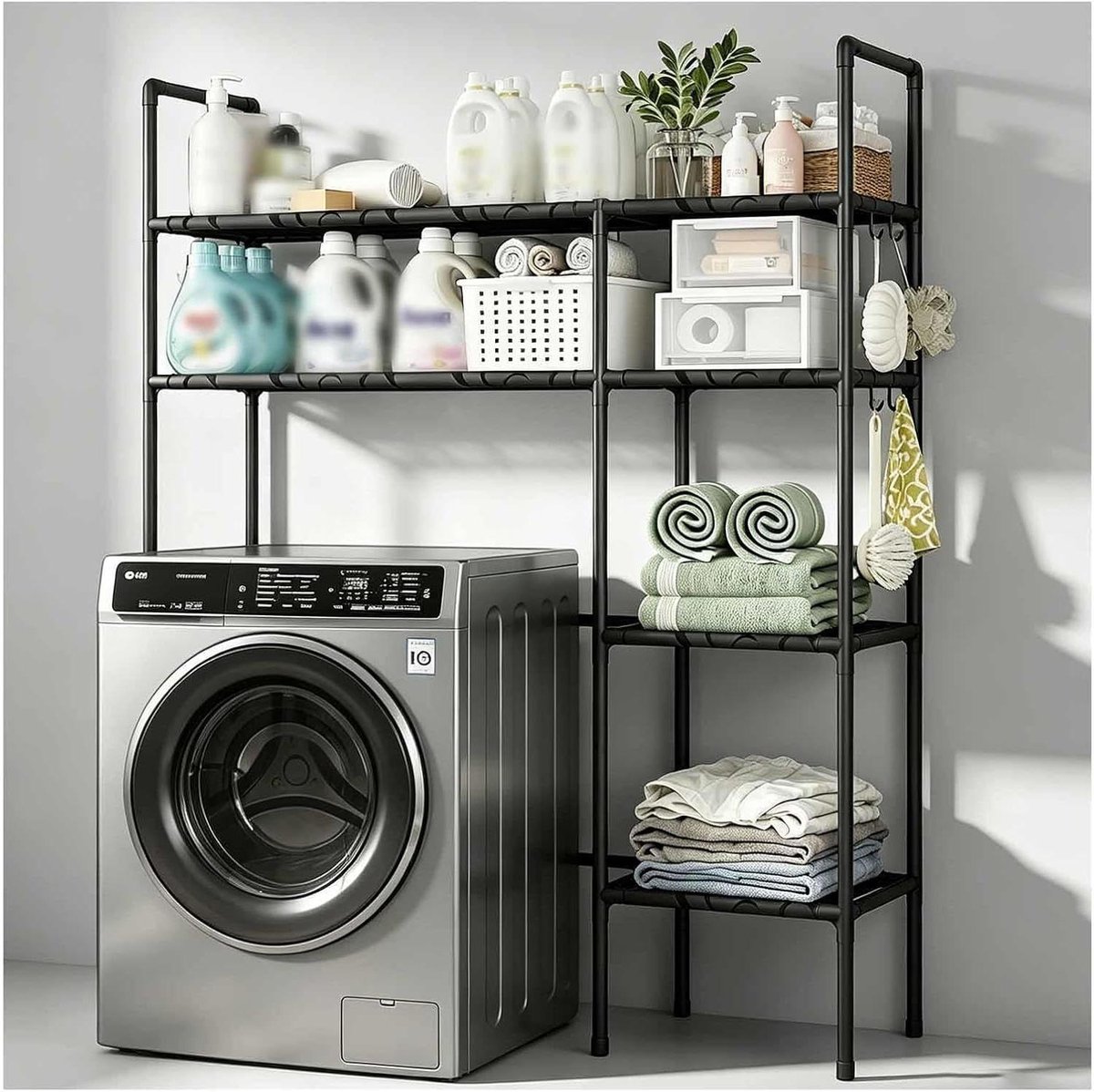Opbergplank Wasmachine - Droger Organizer - Ruimte Besparen - Stabiel Koolstofstaal - 160 cm Hoog - Zwart