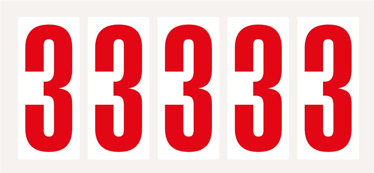 Cijfer stickers 0-9 - zelfklevende folie - 20 kaarten - rood wit teksthoogte 75 mm Cijfer 3
