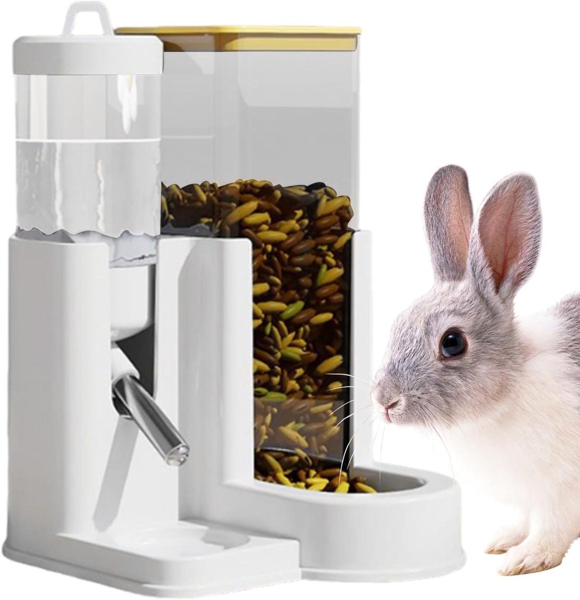 Hamster Waterbak – Konijn Drinkdispenser – Kleine Dieren Voeden – Ruimtebesparend 2-in-1 – 16 x 12 x 115 cm – Geel