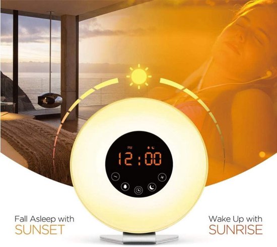 Wekker met Licht - Digitale Klok - Rustig Wakker Worden - Zonsopgang Simulatie - 7 Kleuren - Wit — afbeelding 5