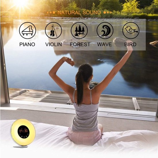 Wekker met Licht - Digitale Klok - Rustig Wakker Worden - Zonsopgang Simulatie - 7 Kleuren - Wit — afbeelding 2