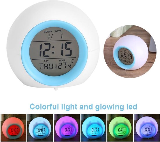 LED Wekker - Digitale Klok - Rustig Ontwaken - Zeven Kleuren Licht - Temperatuur Weergave - Blauw Wit — afbeelding 5