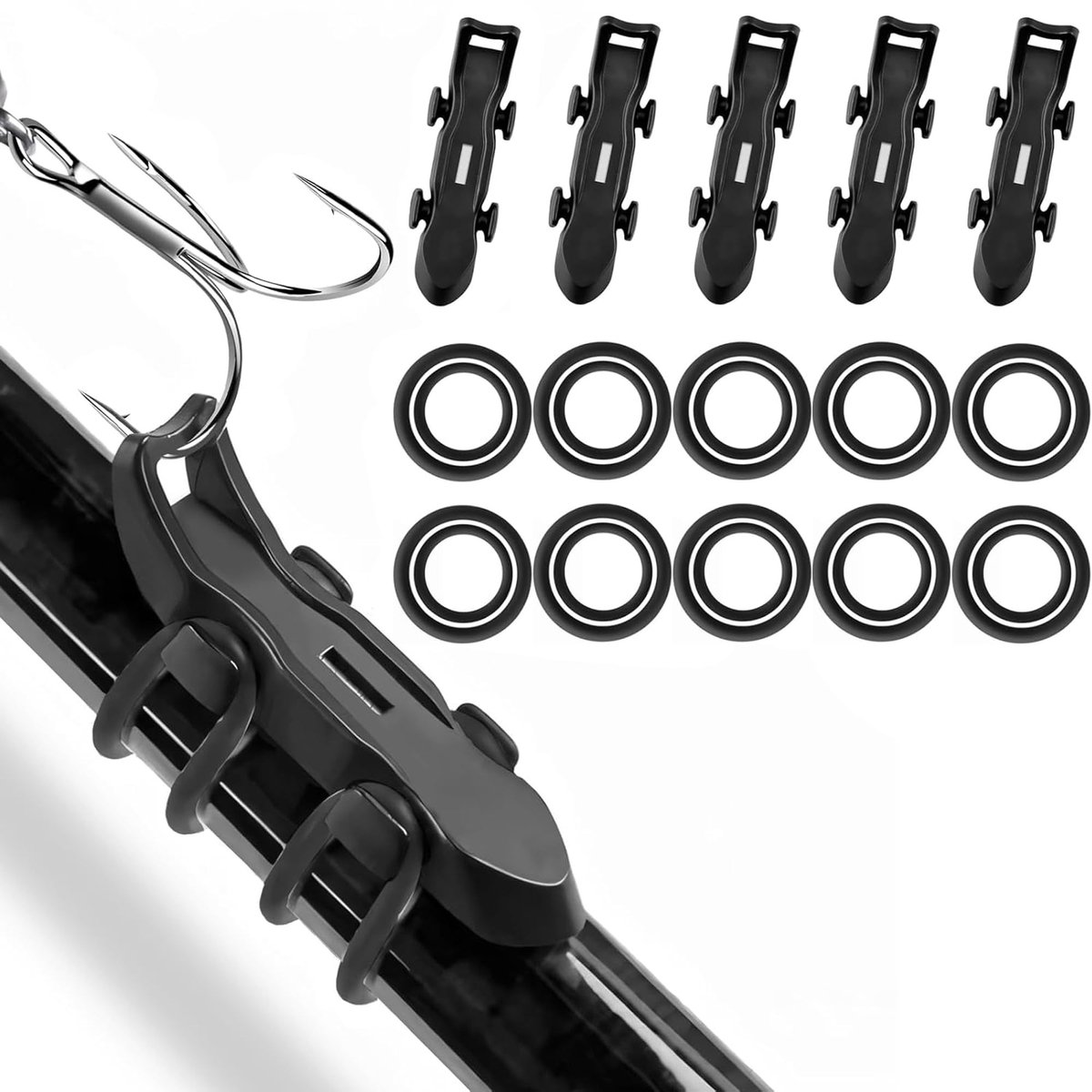 Dailygoods- Vishaak 5 Stuks - Vishaakhouder met Magnetische Bevestiging - Kunststof - Aashouder - Rubber Ringen - Zwart - Eenvoudige Installatie - Haakhouder